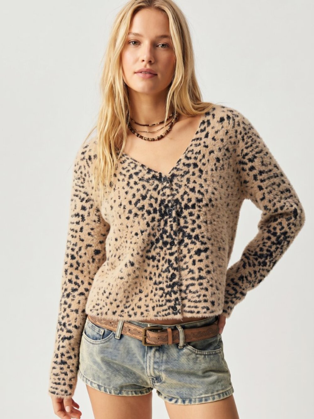 Women Leopard Print Fuzzy Knit Cardigan V Neck Button Front Cozy Sweater - Picture 2 of 7